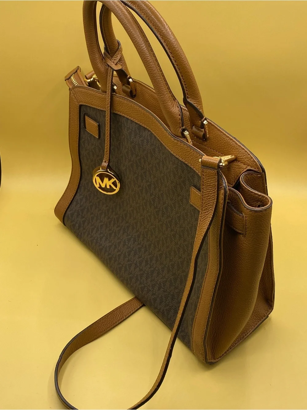 Michael Kors Brown Monogram and Leather Satchel with Gold Hardware - Picture 3 of 4